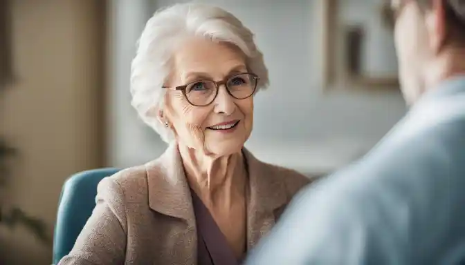 An elderly woman discussing health plans with her doctor in a clinic.