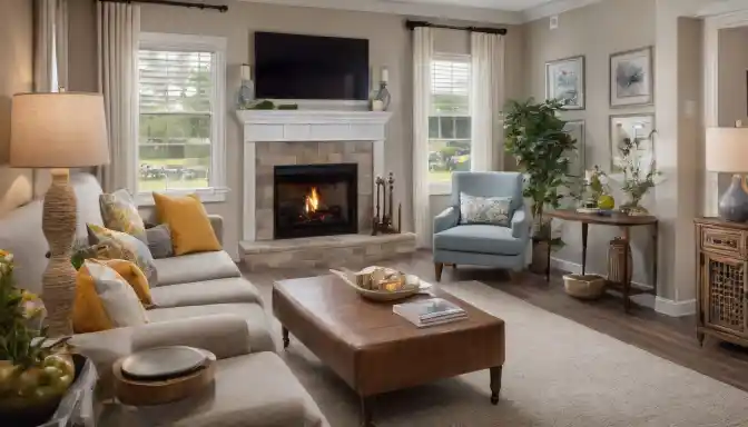 A cozy living room in an assisted living facility with diverse residents.