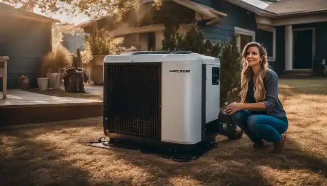 A homeowner stands next to a whole-house generator surrounded by installation equipment.