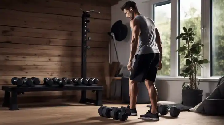 A person is exercising with CAP Barbell Dumbbells in a home gym.