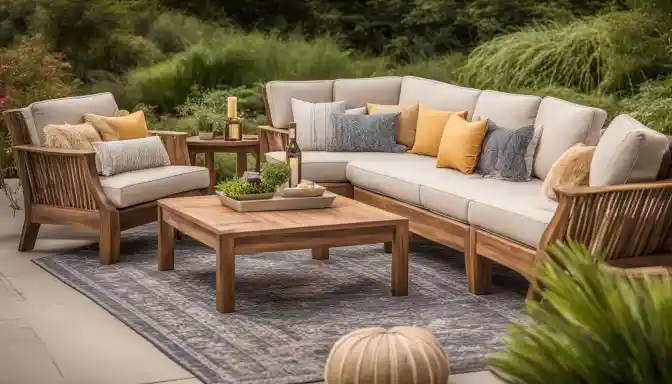 A cozy outdoor patio with a sofa set surrounded by lush greenery.