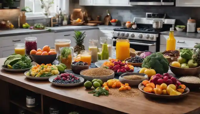 A colorful array of nutrient-rich foods on a kitchen counter.