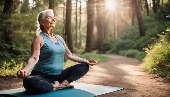 An elderly woman practicing yoga in a peaceful natural setting.