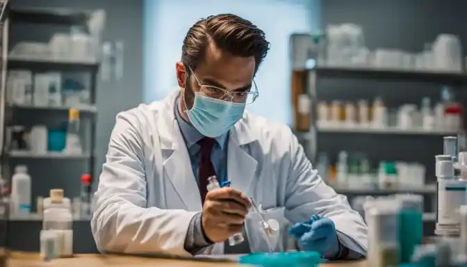 A doctor administering flu vaccine with medical supplies in background.