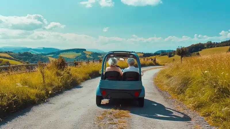 A senior couple happily driving an electric car through a vibrant city.