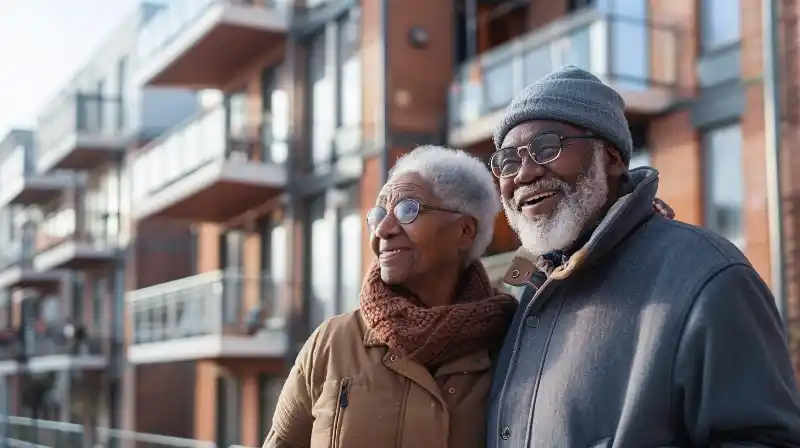 Elderly couple happily outside their new affordable housing.