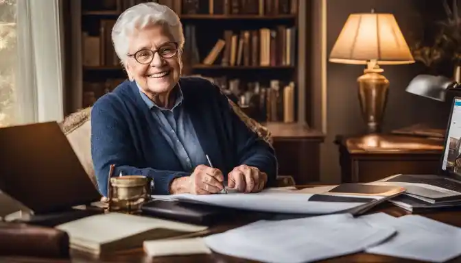 A senior homeowner holding important documents in a cozy home office.