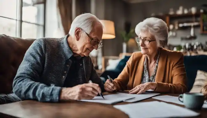 A senior man and woman reviewing financial documents at home.