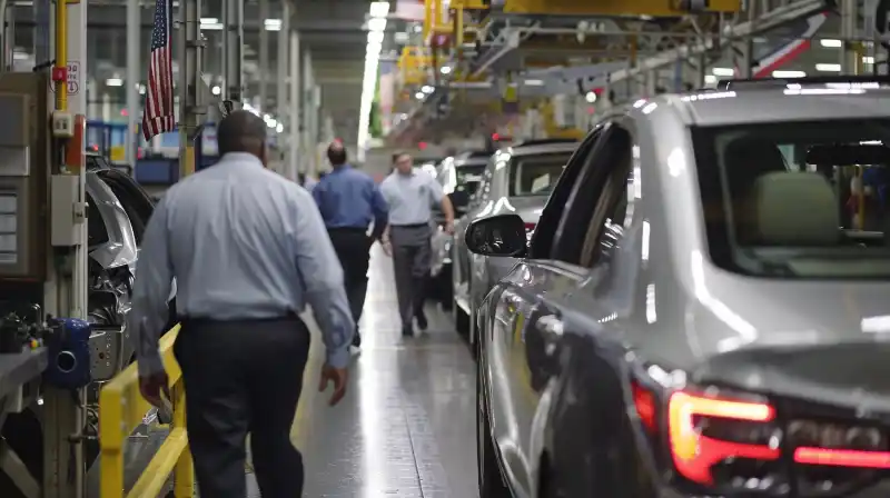 Executives from major automakers touring a bustling assembly plant.