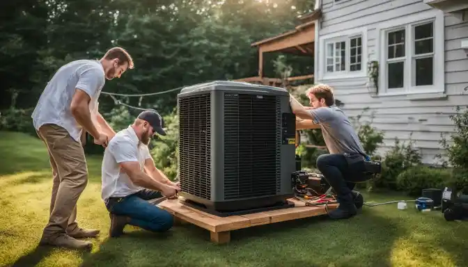 Technicians installing whole-house generator in residential setting.