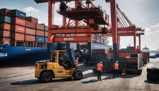 Workers unloading tires from a container ship at a busy port.