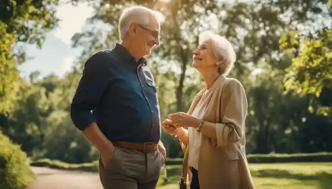 An elderly couple takes a leisurely walk in the park with medication.