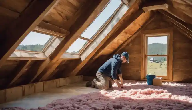 A person installing attic insulation in a well-lit attic space.