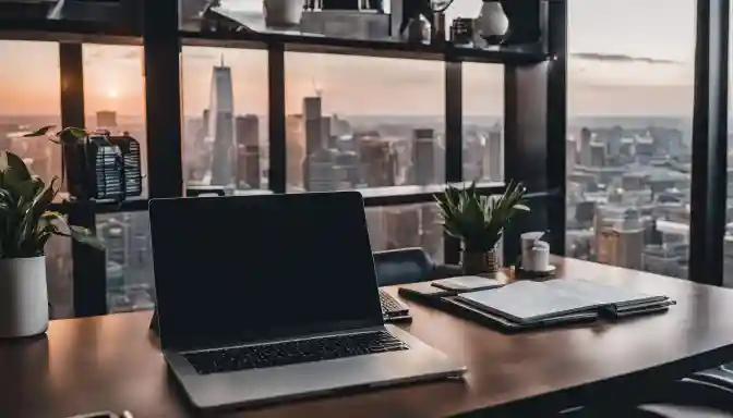 Computer overlooking city