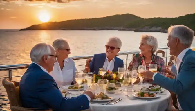 A group of seniors enjoying a sunset dinner on a Caribbean cruise deck.