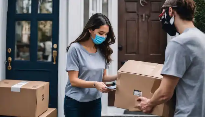 A person receiving a package of COVID-19 tests at their doorstep.