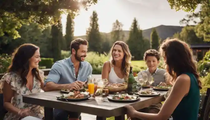 A family enjoying a meal in a beautifully landscaped backyard.