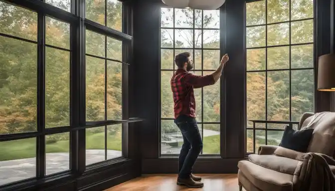 A window replacement technician inspecting a high-quality window installation.