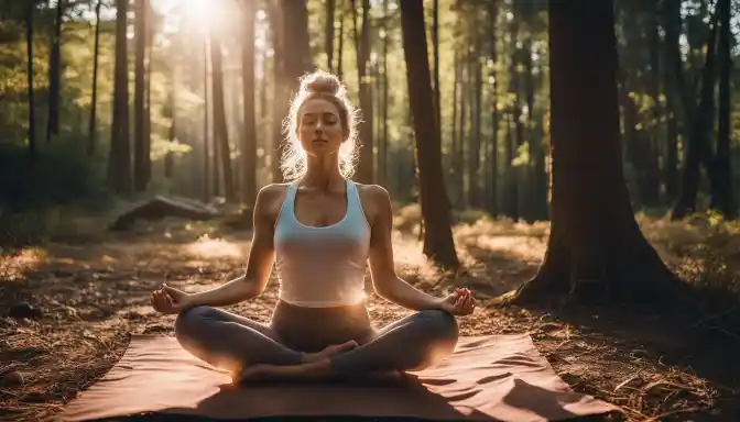 A woman practicing yoga in a serene forest clearing.