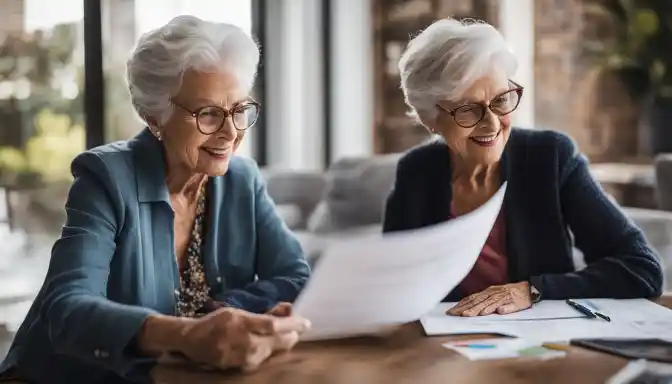 Senior sisters reviewing Medicare plan changes in a city.