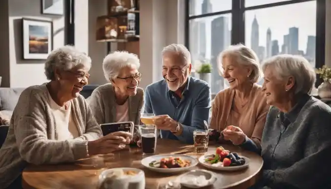 A group of happy seniors participating in activities in a common area.