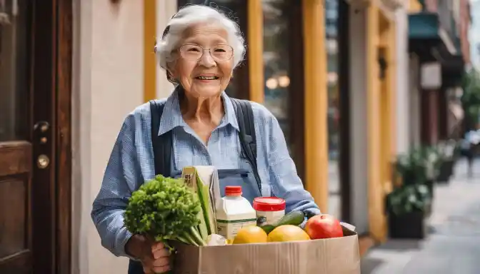 An elderly person receiving a grocery delivery at their doorstep.