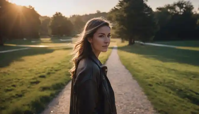 A person walking in a peaceful park, conveying a sense of relief.