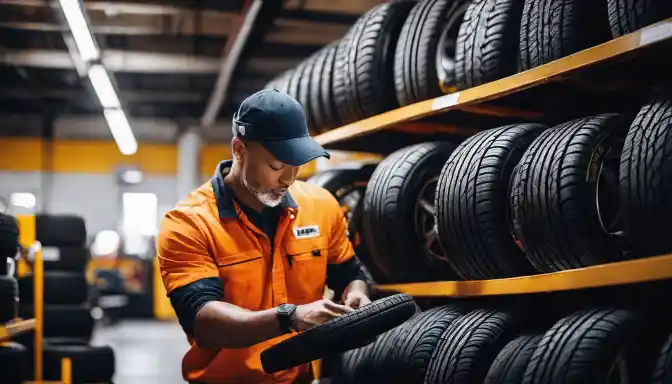 A mechanic inspecting brand new tires in an auto repair shop.