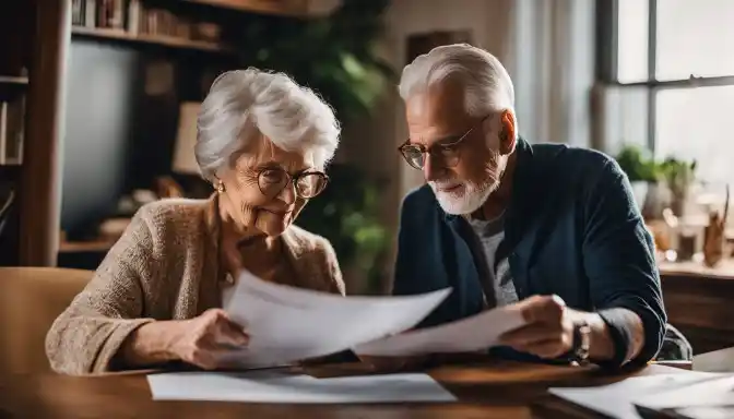 A senior couple reviewing Medicare documents in their cozy home office.