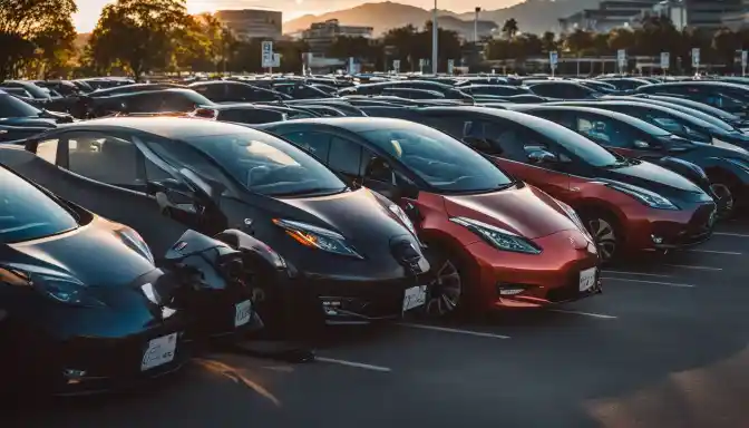 A row of used electric cars at a dealership with charging stations.