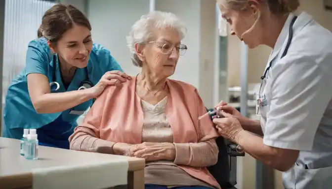 Elderly couple receiving high-dose flu vaccinations at healthcare facility.