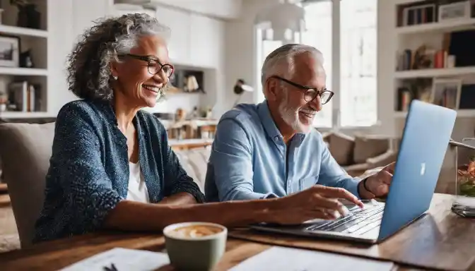 An elderly couple happily searching internet deals surrounded by laptops and paperwork.