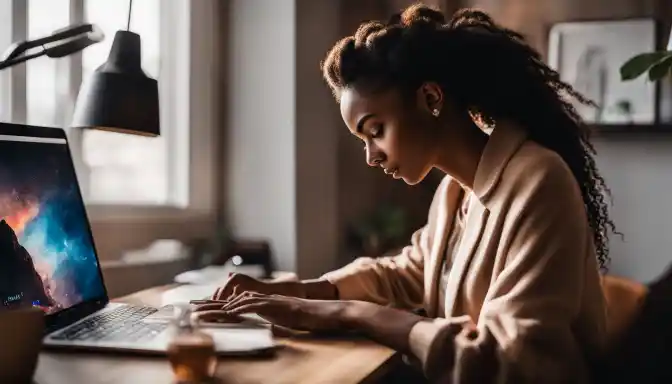 A person working on a laptop in a cozy home office with different people.