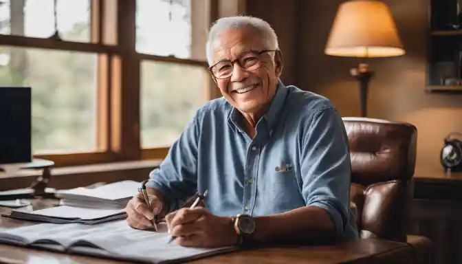 A smiling senior homeowner surrounded by financial documents at home.