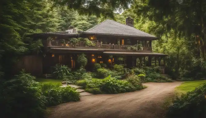 A serene house for sale surrounded by lush greenery.