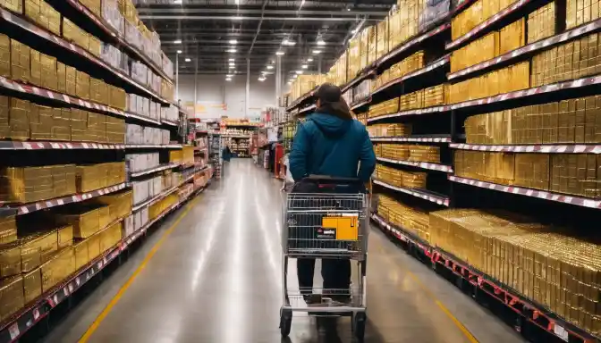 A person navigating a crowded Costco aisle with prominently displayed gold bars.