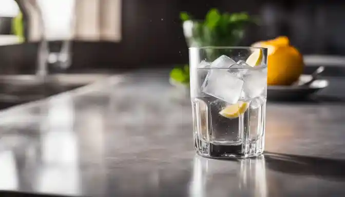 A frozen glass of water with ice cubes in a modern kitchen.