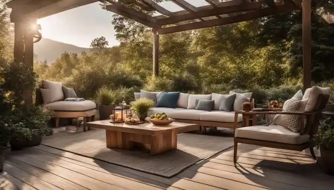 A cozy outdoor patio with the Haven Collection furniture surrounded by lush greenery.