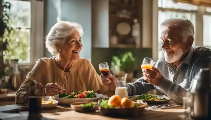 An elderly couple enjoying a healthy meal together in a sunny kitchen.