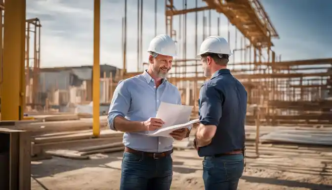 A general contractor discussing construction plans on-site in a bustling city.