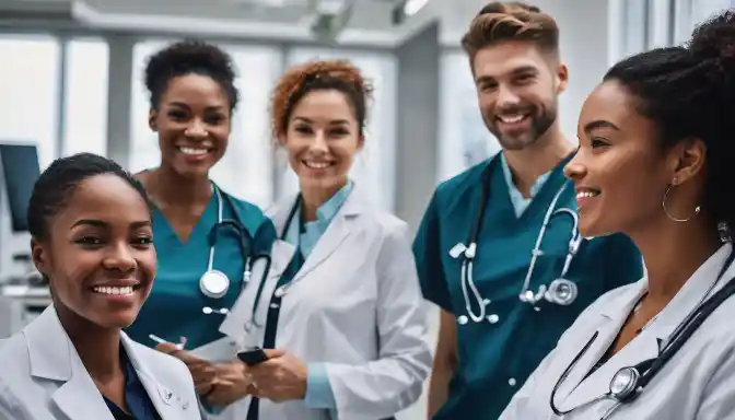 A group of smiling people in a modern clinic setting.