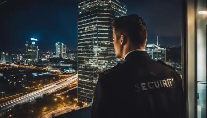 A security guard monitoring a corporate building in a bustling city.