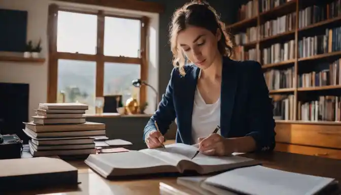 A person studying at home surrounded by textbooks and a laptop.