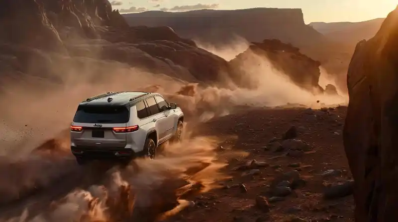 The 2024 Jeep Grand Cherokee parked in rugged mountainous terrain.