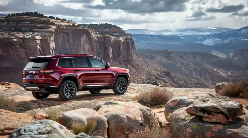 The 2024 Jeep Grand Cherokee navigating rugged off-road terrain in a bustling atmosphere.