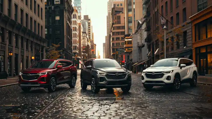 Three SUVs parked in a city, showcasing different car models.