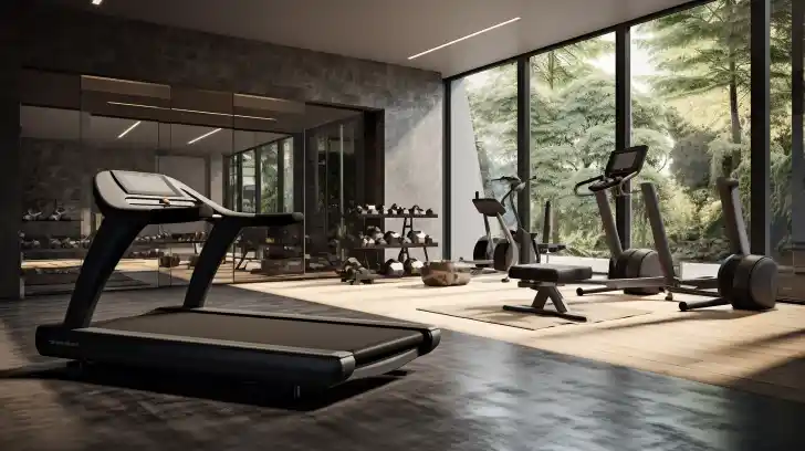 A home gym with various workout equipment in a spacious room.