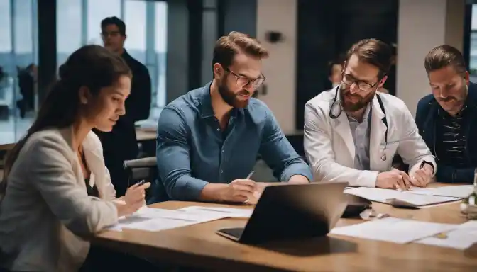 A diverse group of people discussing and reviewing clinical trial documents.