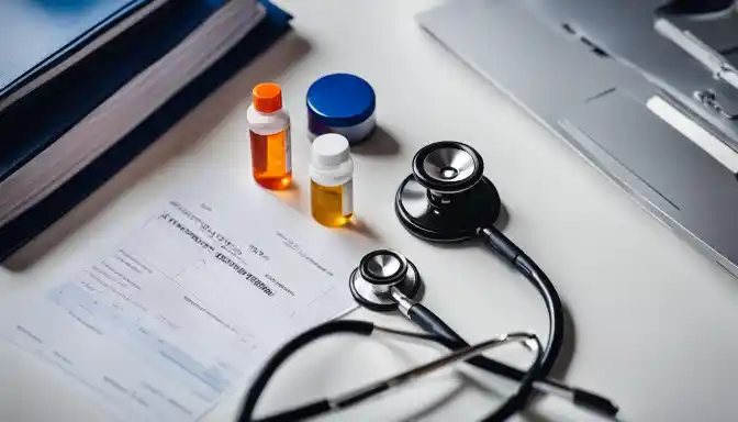 A stethoscope and prescription medication on a doctor's office desk.