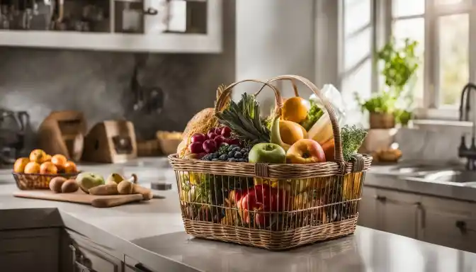 A grocery basket on a kitchen counter with a variety of items.